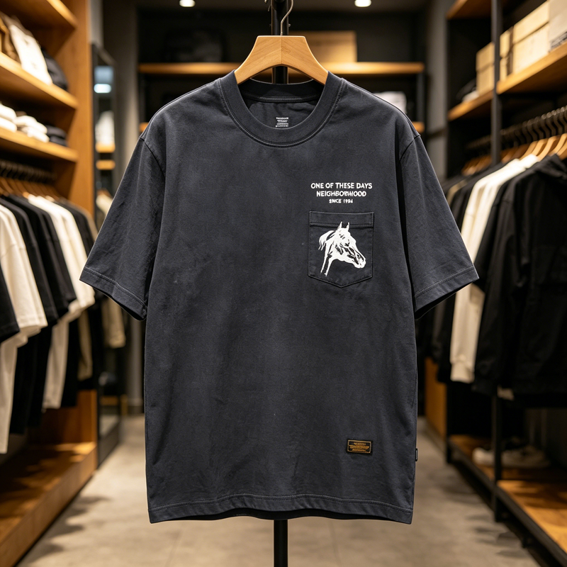 Watergewassen NBHD Pockets paardenkop print T-shirt zoom patch label T-shirt Japan mannen vrouwen hoge kwaliteit losse korte mouwen tops T-shirt