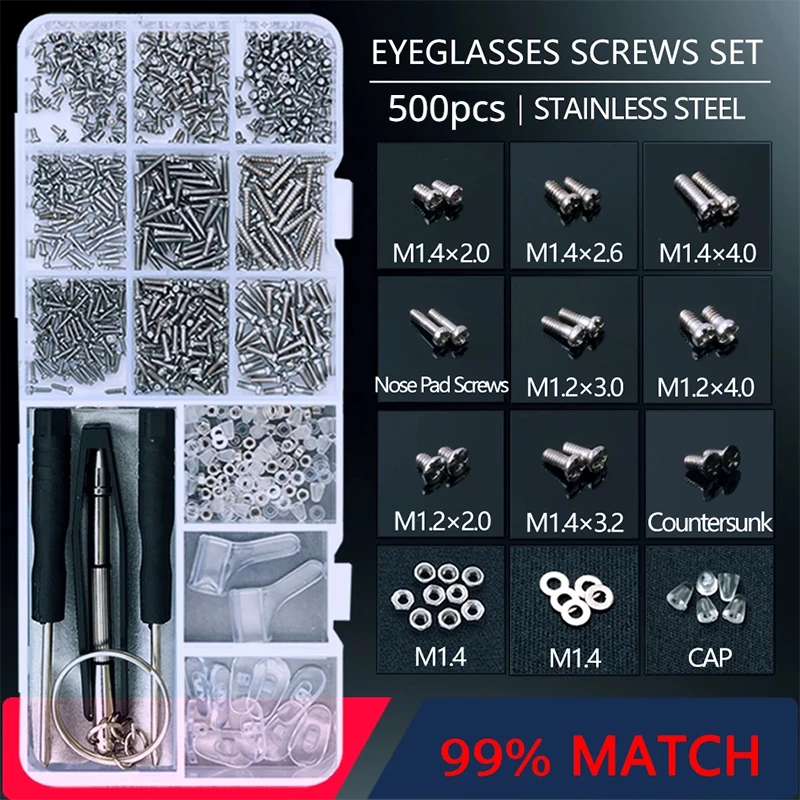 Kit de reparo de óculos de sol, 500 peças, ferramenta, chave de fenda, conjuntos de parafusos, porcas, almofada de nariz, peças de ferramentas de reparo óptico, kit sortido