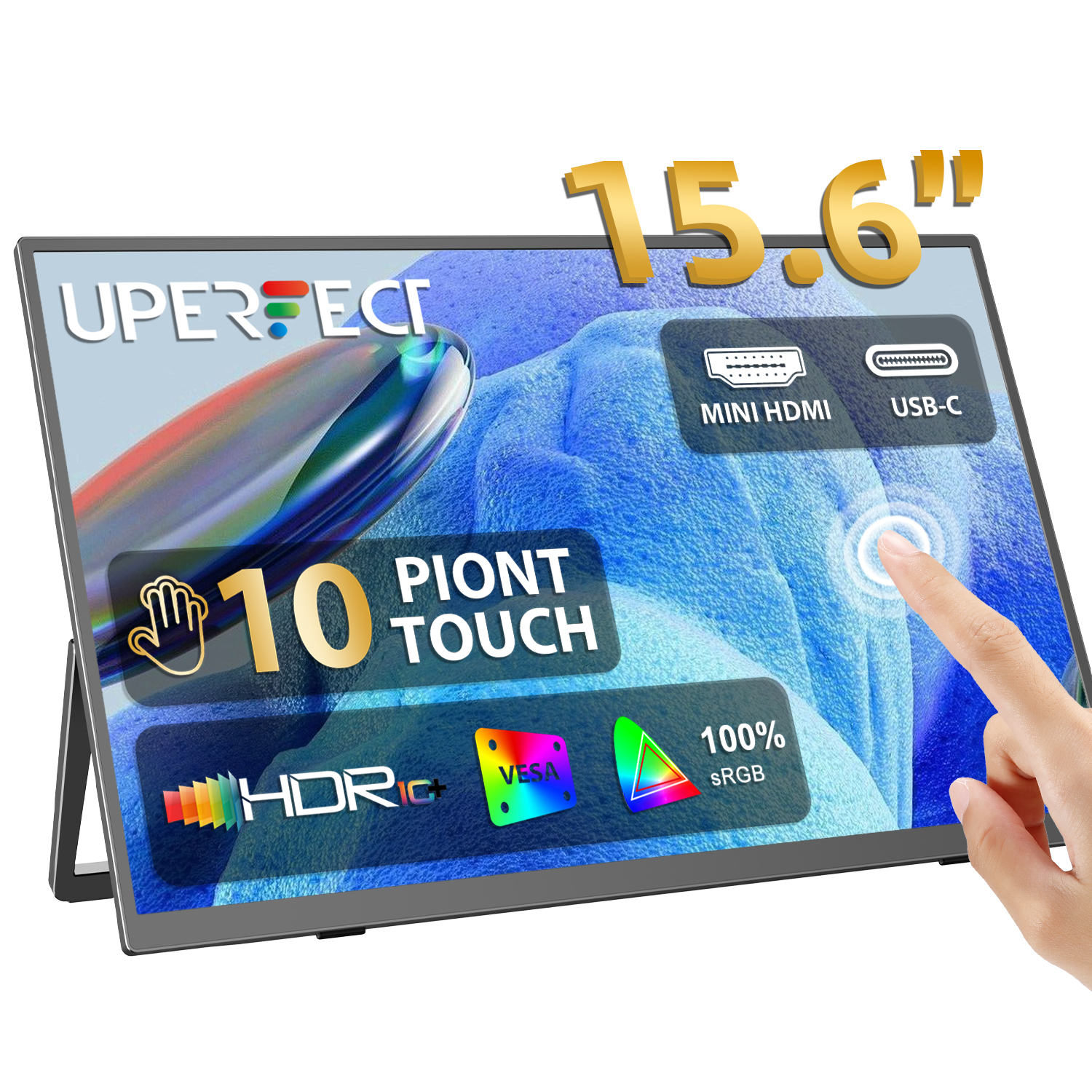 UPERFECT 15.6" moniteur portable écran tactile 1080P IPS moniteur de voyage 10 points Touch 300Nits 100% sRGB USB-C HDMI HDR FreeSync écran externe pour ordinateur portable MacBook téléphone PS5 commutateur Xbox