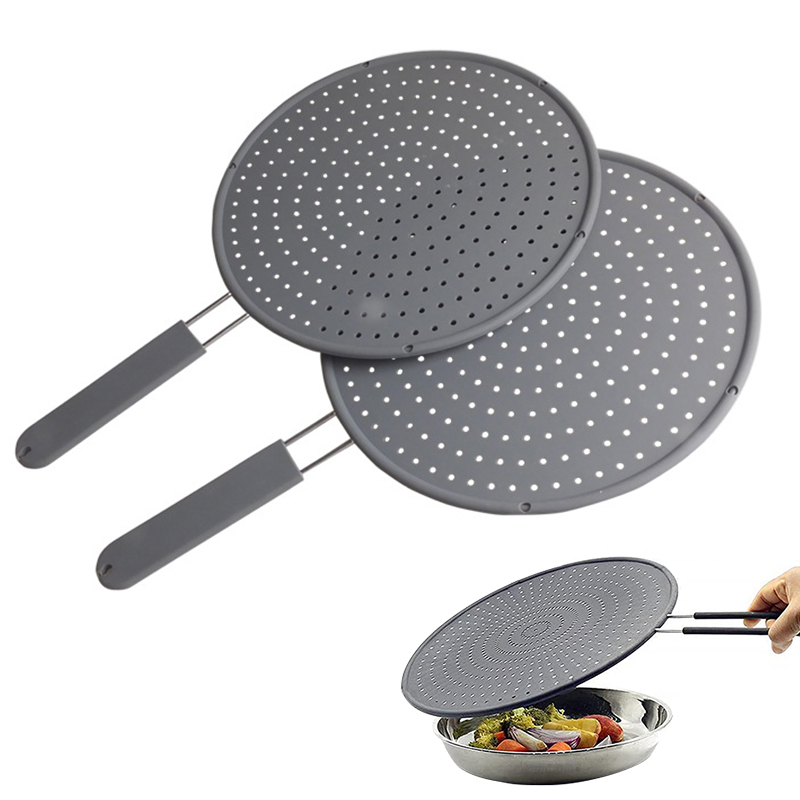 Pantalla de salpicaduras de cocina de silicona con mango, protector contra salpicaduras de aceite resistente al calor, cubierta de tablero de drenaje, tapa para sartén de cocina