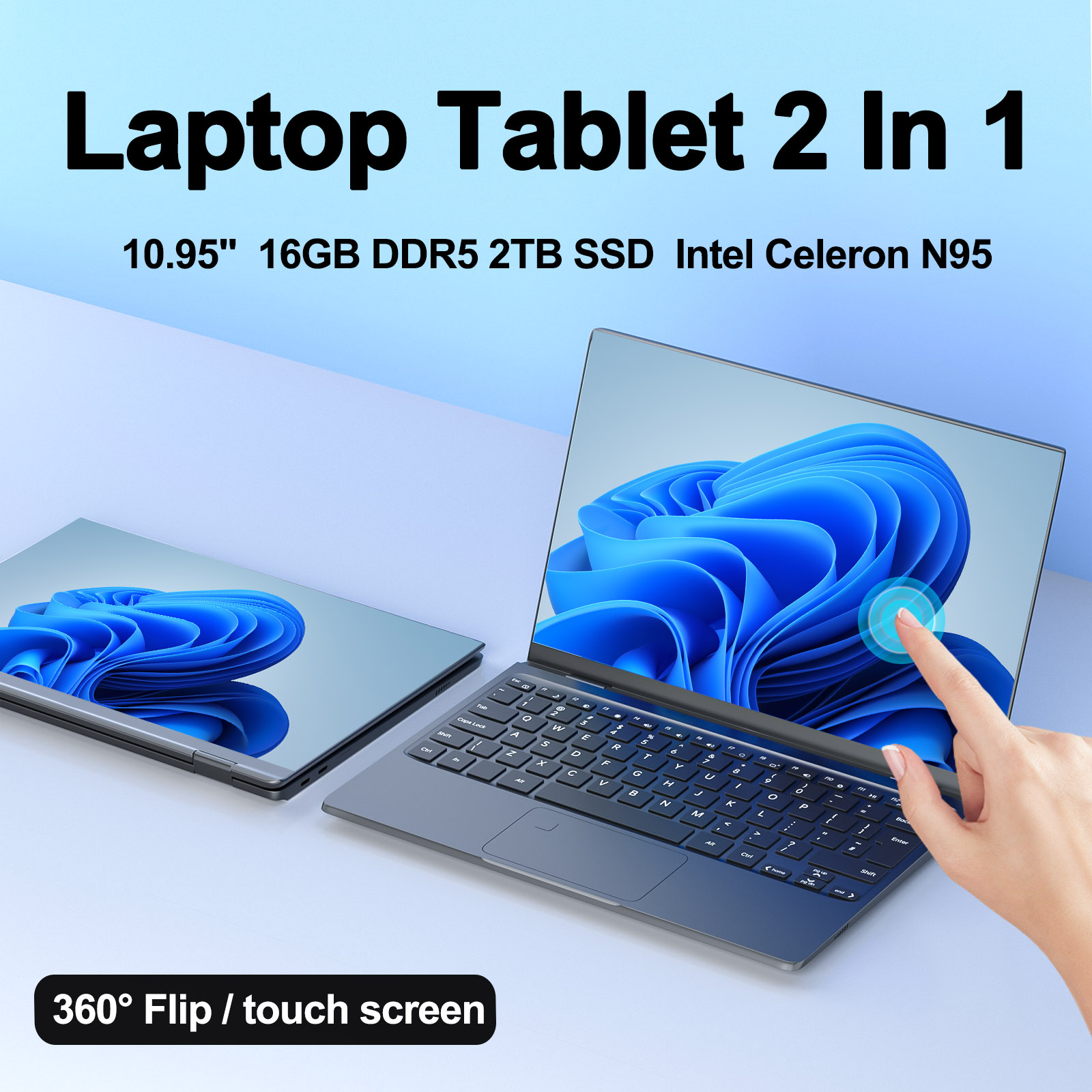 10.95" Laptop 2 in 1 Touchscreen 360° Flip Intel Celeron N95 16GB DDR5 2TB SSD Laptop Windows 11 Aluminum alloy body Notebook PC