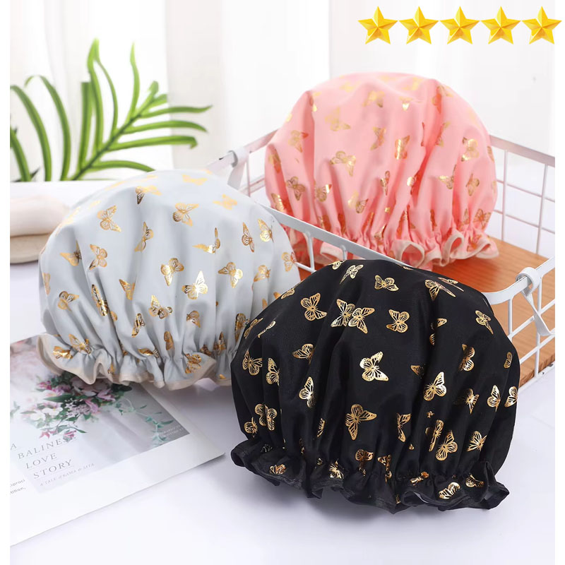 【Hete verkoop】 Dubbele douchemuts Waterdichte haarkap Hot Gold bedrukte terylene katoenen douchemuts Baden Dames