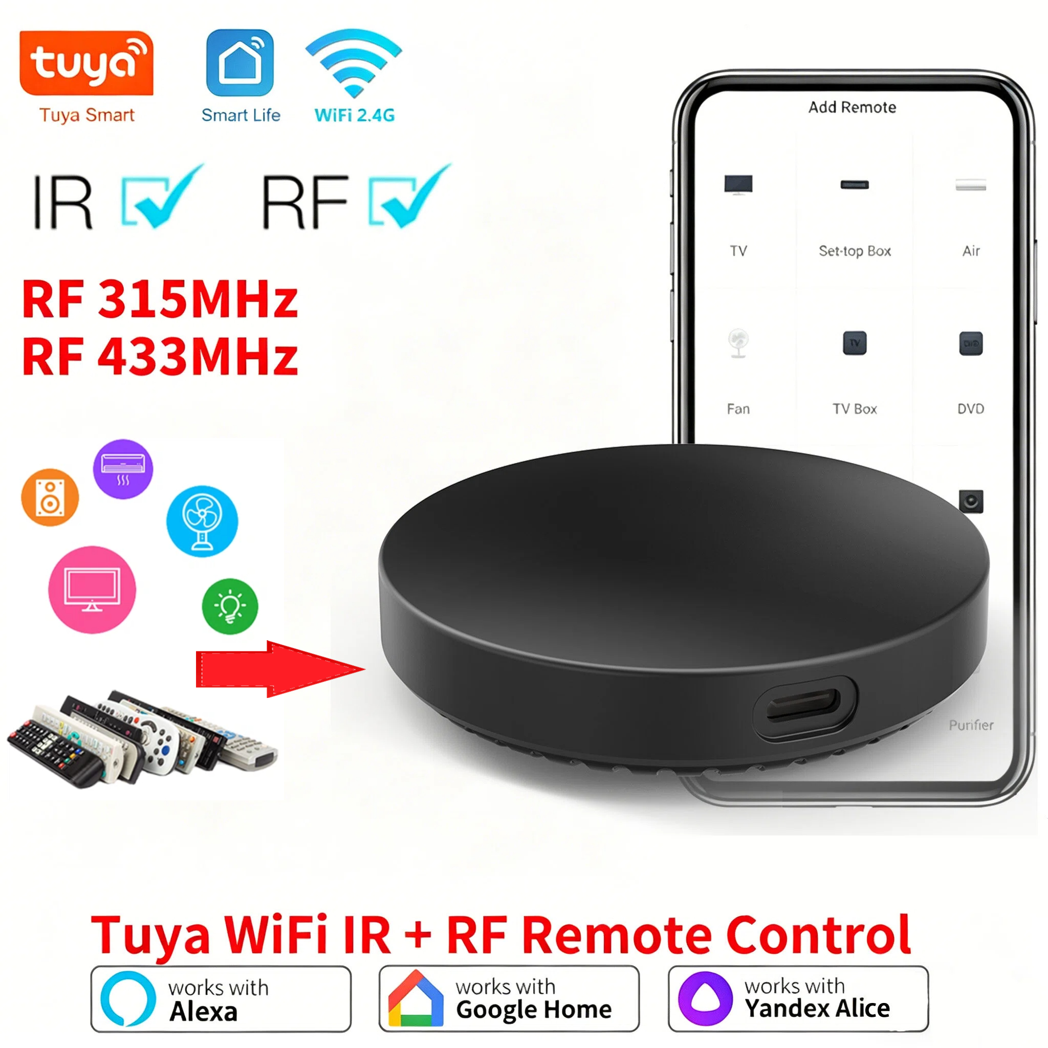 รีโมทคอนโทรล Tuya WiFi IR RF 315MHz 433MHz ควบคุมผ่านแอพ สำหรับเครื่องปรับอากาศทุกชนิด ทีวี LG SmartLife ใช้งานร่วมกับ Yandex Alexa