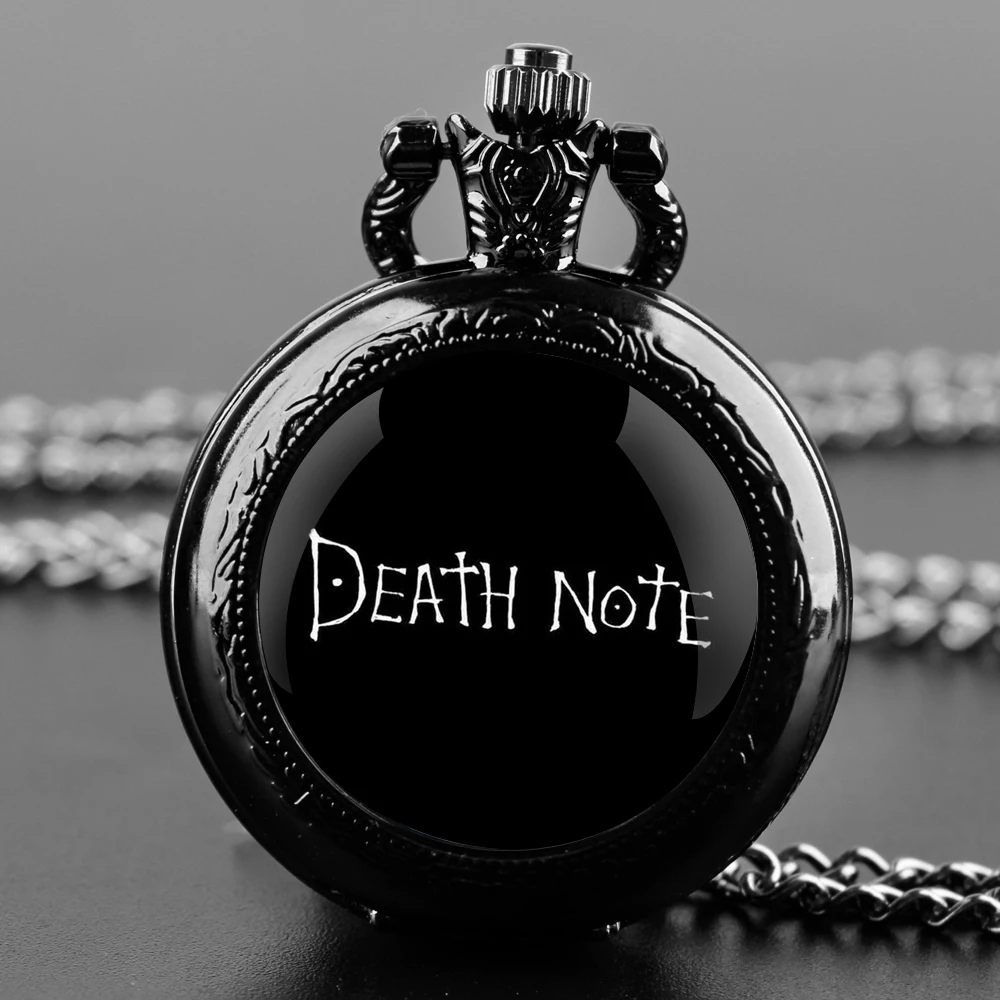 Elegante death note design preto relógio de bolso de quartzo moda colar cronometragem pingente com corrente presente para homem mulher lembrança
