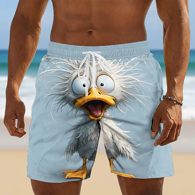 Summer Men's Funny Animal Duck 3D Printed Beach Shorts for Outdoor Sports - Quick-Relaxing Elastic Waist Sports Shorts