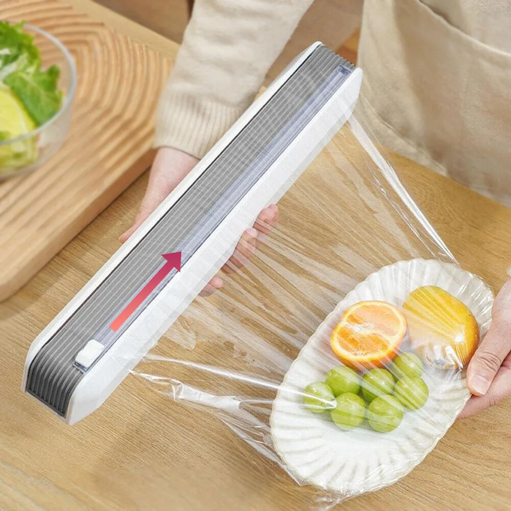 Dispenser ricaricabile per pellicola trasparente per alimenti con taglierina, foglio di alluminio stagno e organizer per pellicola trasparente in plastica, taglierina per pellicola trasparente