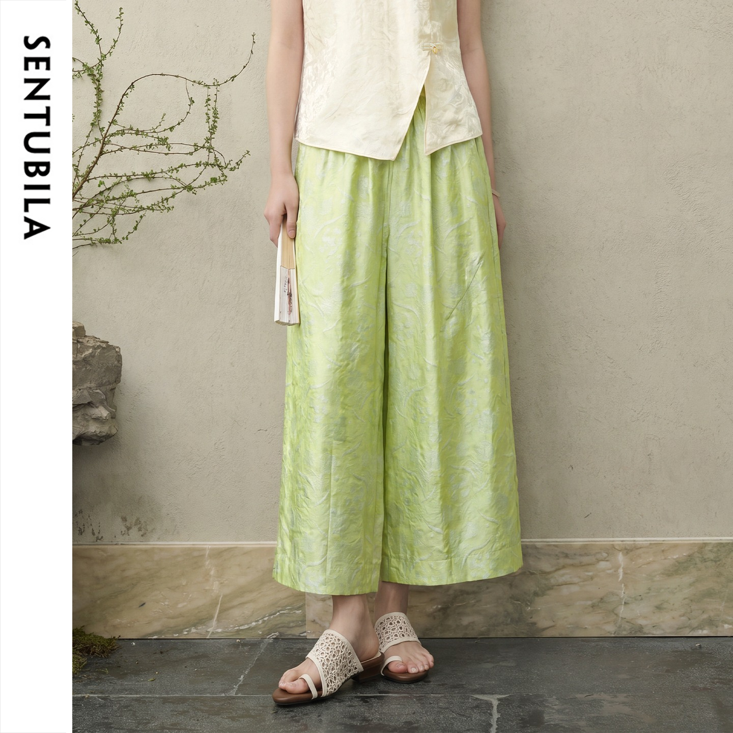 SENTUBILA Women Chinese Jacquard Cropped Pants 2026 High Elastic Waist Loose Ankle Length Casual Trouser Woman Clothes Q62KN8245