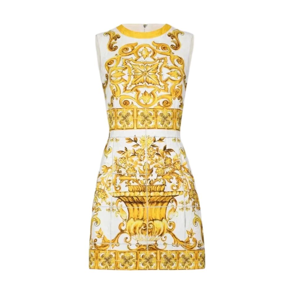 Wybieg Letnia Krótka Sukienka Damska O-Neck Bez Rękawów Żółty Niebieski I Biały Porcelanowy Kwiat Nadruk Wakacyjny Tank Mini Vestidos