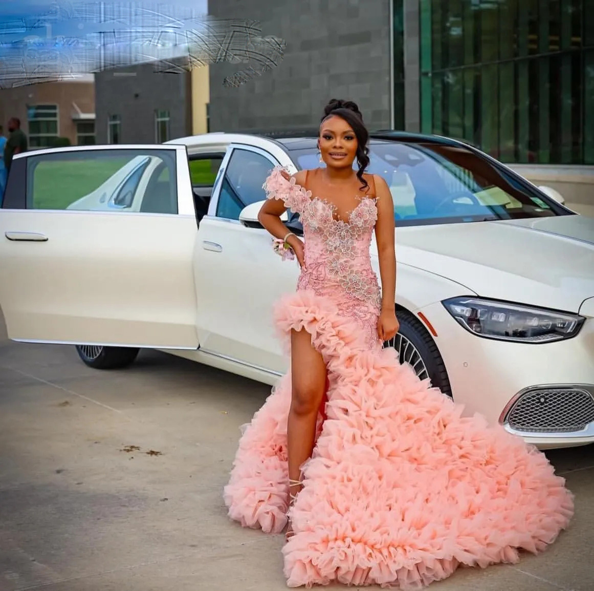 Gorgeous Formal Gowns Layered Floral Beading Evening Dresses Pink Mermaid abendkleider Ruffle Evening Dress Tulle abito da sera