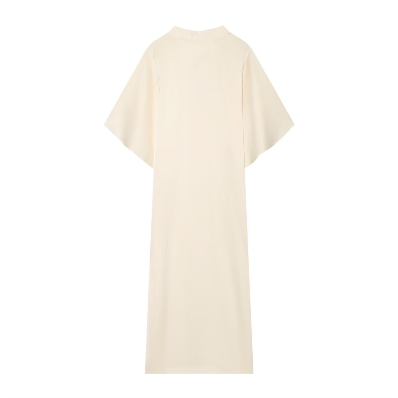 Damen Fließendes Midikleid 2026 Sommer Hochgeschlossenes Kleid mit Kurzen Cape-Ärmeln Elegante Damenkleider Lässiges Einfarbiges Damen-Midikleid