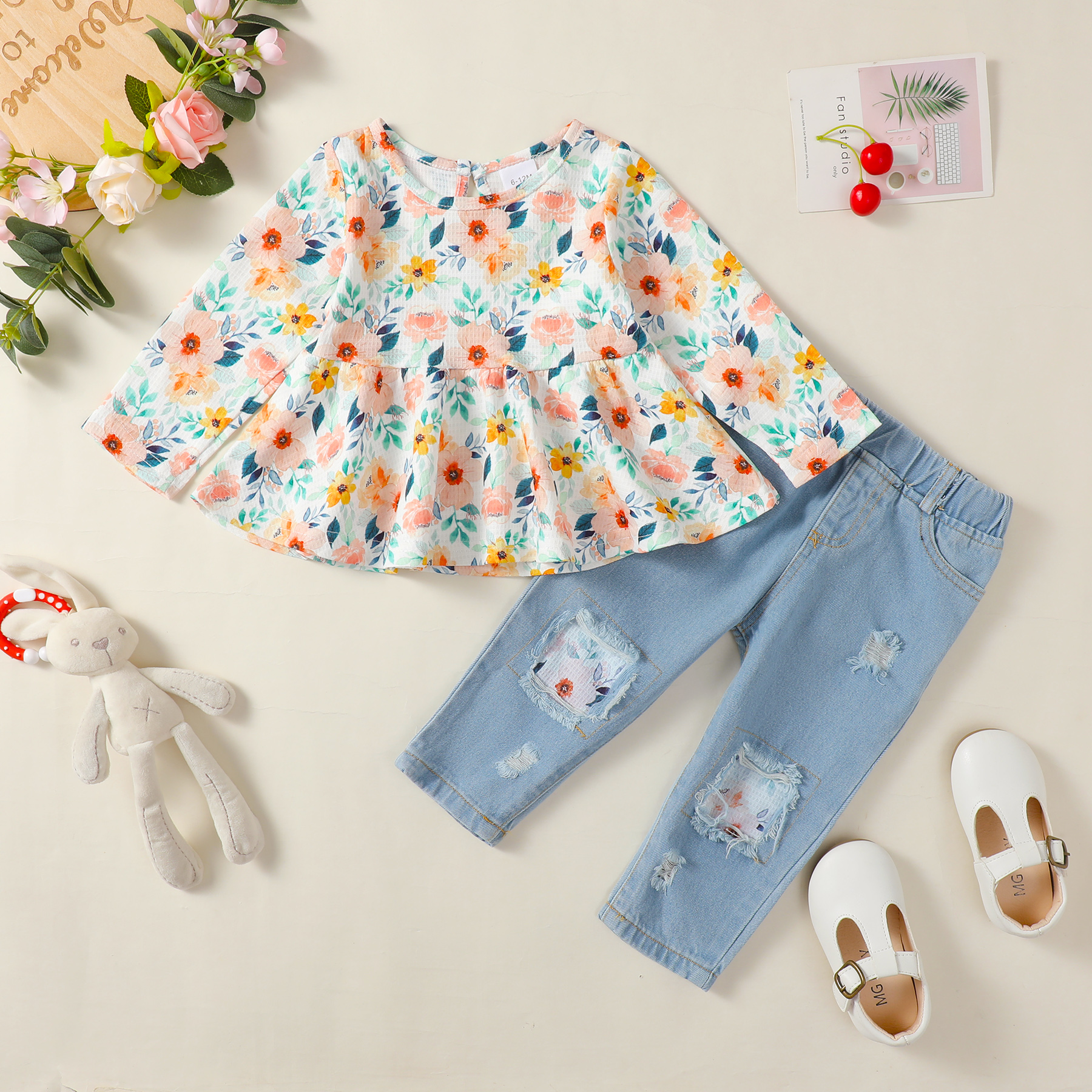 1-4 años los niños niñas traje de manga larga de la flor de Tops + elástico cintura Denim Pantalones de 2 piezas para niño niña ropa de primavera traje