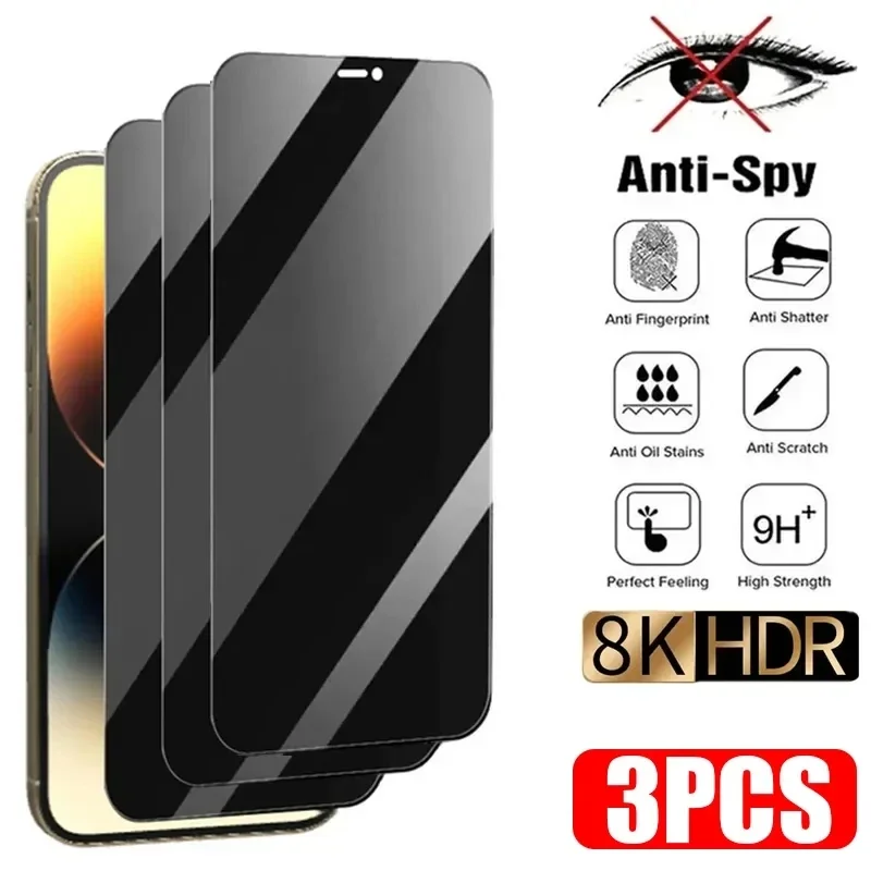 3 uds Protector de pantalla de privacidad para iPhone 17 16 15 14 13 Pro Max Mini 7 8 Plus vidrio Protector antiespía para iPhone 17 Pro Max