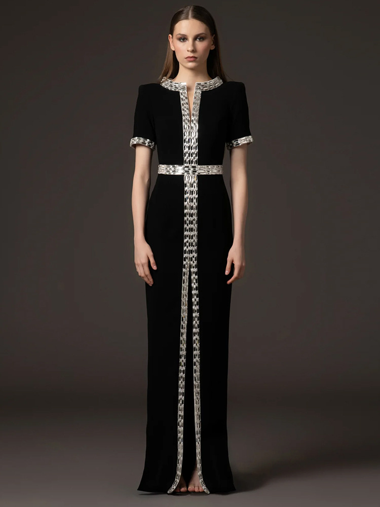 HIGH STREET Nieuwste Mode 2026 Designer Feestjurk voor Dames, Korte Mouwen, Luxe Diamanten, Geborduurde Lange Maxi Jurk