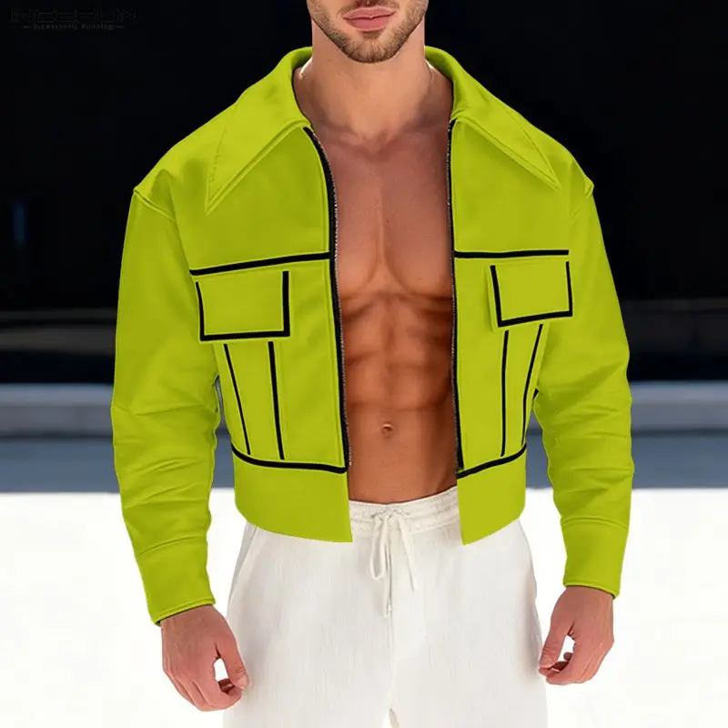 INCERUN Mannen Jassen Patchwork Revers Lange Mouw Rits Mannelijke Crop Jassen Streetwear 2026 Fashion Casual Dunne Jassen Mannen S-5XL