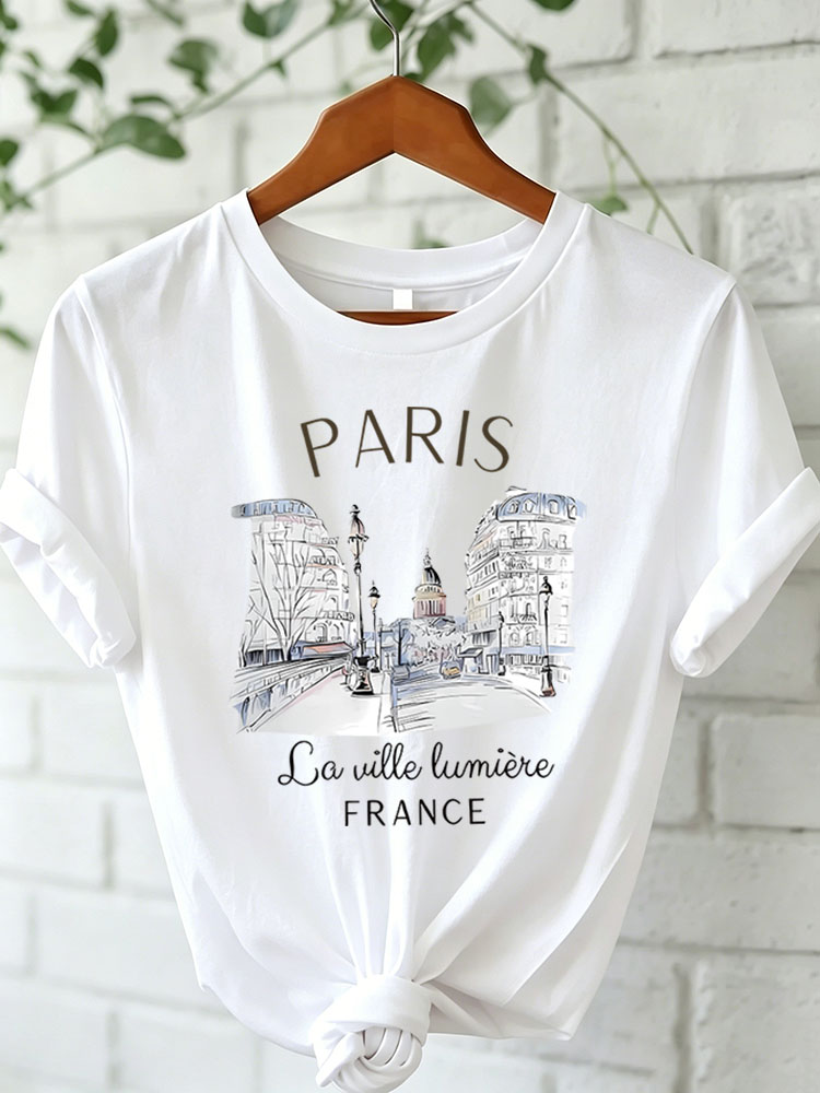 T-shirt imprimé Paris pour femme, taille asiatique 90s, T-shirt décontracté à manches courtes et col rond pour l'été et le printemps, vêtements pour femmes