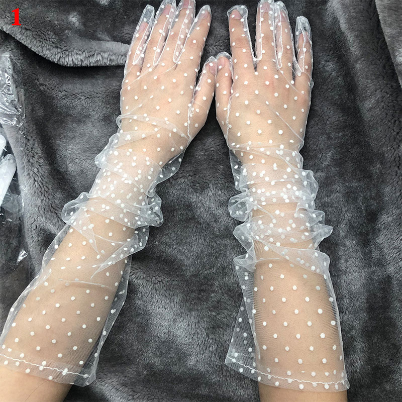 Luvas femininas vintage de bolinhas curtas de tule, renda elástica, luvas cheias, protetor solar, casamento, pintas, 1 par