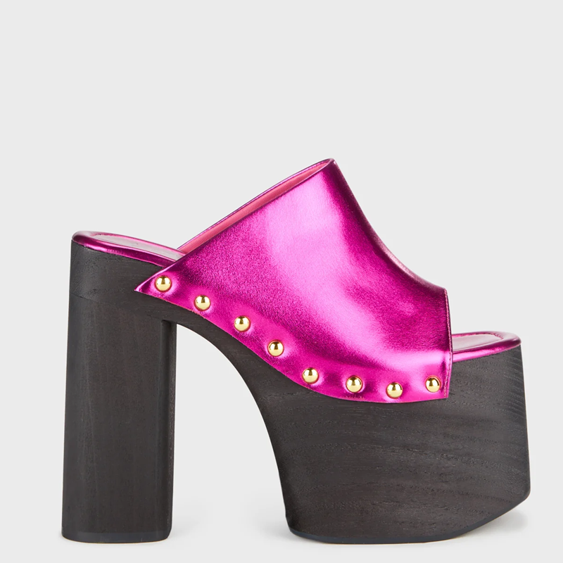 Sandal Hak Tinggi Metal Rivet Plaftomr, Sepatu Hak Tebal Model Slip On Ujung Persegi Seksi, Sepatu Wanita Modern Fashion Terbaru yang Dapat Dipesan Sesuai Keinginan