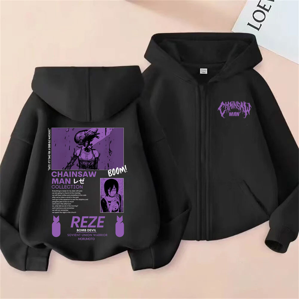 Anime tronçonneuse homme sweat à capuche avec fermeture éclair dessin animé Reze graphique veste zippée hommes femmes Manga surdimensionné polaire coton sweat-shirt zippé