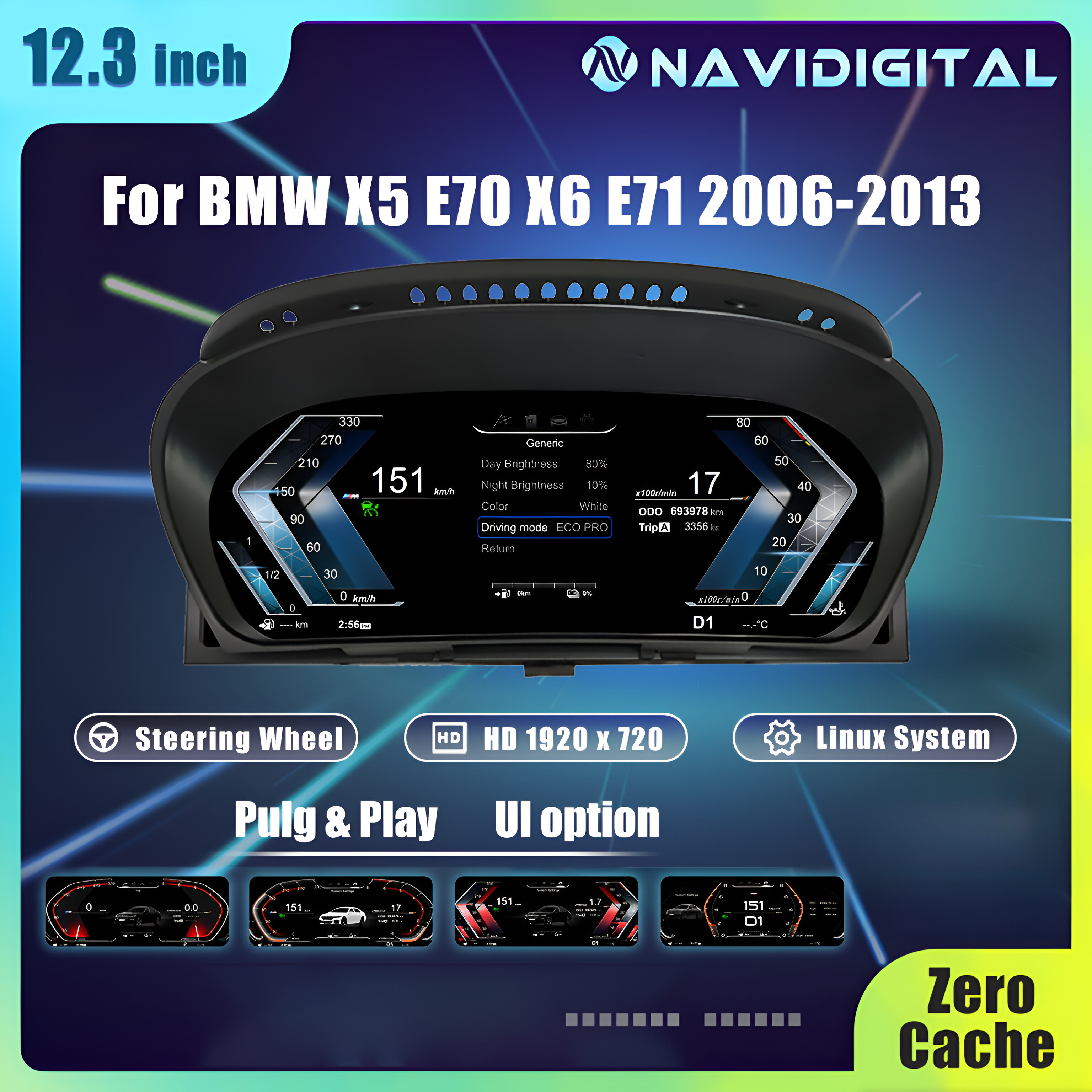 Tableau de bord LCD de voiture Linux 12.3 pouces, pour BMW X5 E70 X6 E71 2006 – 2013, panneau de groupe d'instruments CCC CIC, compteur de vitesse CockPit virtuel