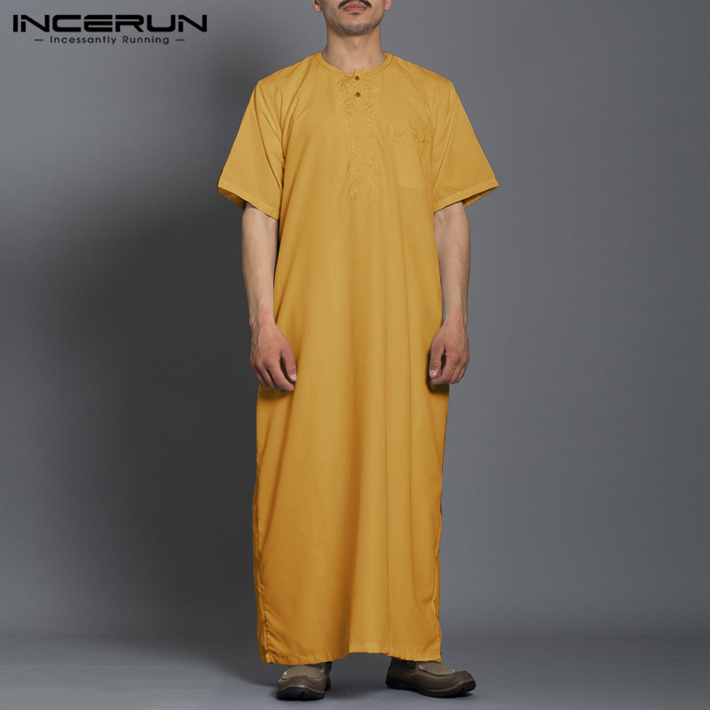INCERUN Man Vintage Solid Color Muslim Kaftan Long Shirts Jubba Thobe Fashion Long Robes Short Sleeve Round Neck Robe Plus Size