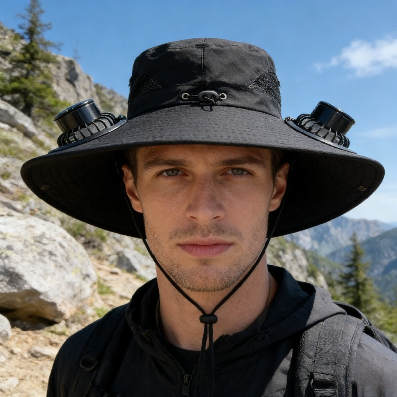 Chapéu Solar com 2 Ventiladores, Aba Larga, Estilo Pescador, Recarregável, Proteção Solar para Atividades ao Ar Livre no Verão