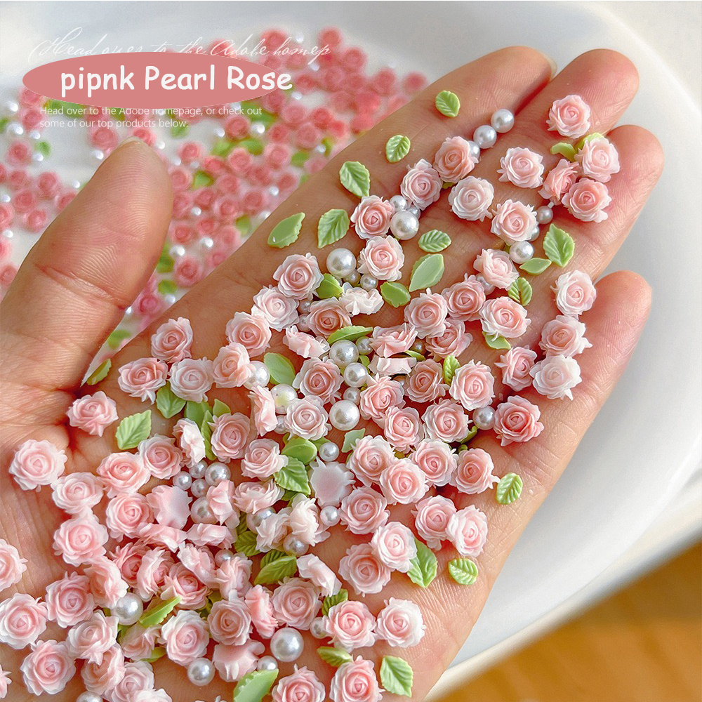 20 Buah Busur Renda & 30 Buah 3D Ukuran Campuran Mutiara Resin Bunga Mawar Merah Muda Aksesori Jimat Kuku Perlengkapan Dekorasi Mewah Seni Kuku