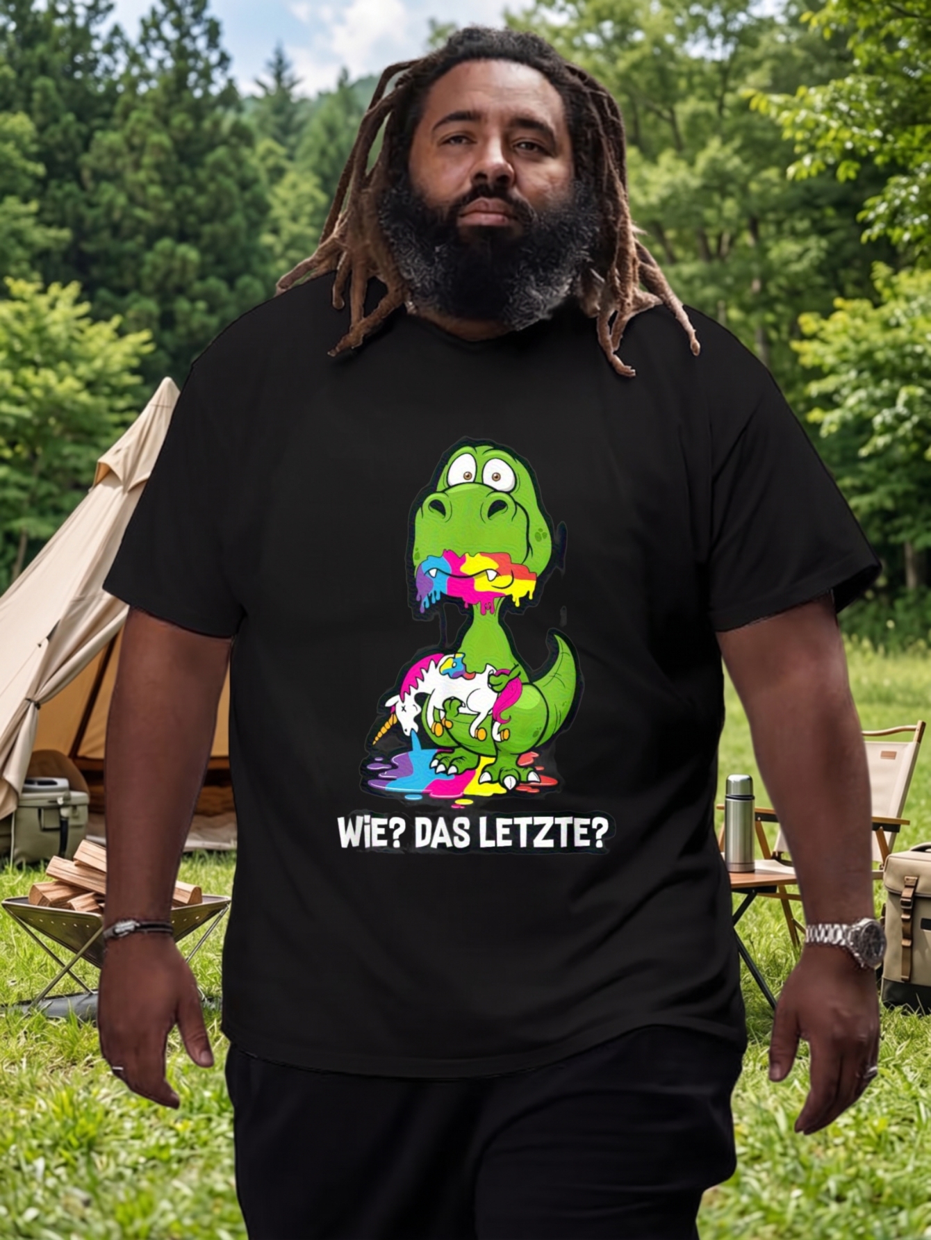 Camiseta de algodão 100% verde com estampa de dinossauro e arco-íris, gola redonda e manga curta (1 unidade)