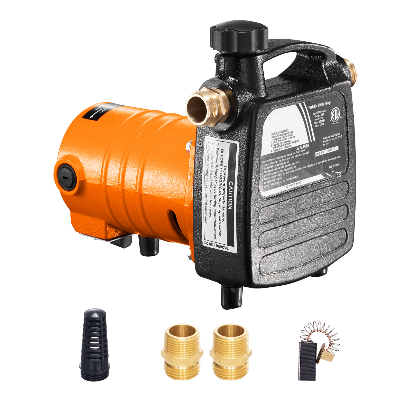 SucceBuy Pompe de transfert d'eau en fonte 115 V AC 1600 GPH 1/2 HP portable pour jardin, baril de pluie, étang, jacuzzi, drainage d'aquarium