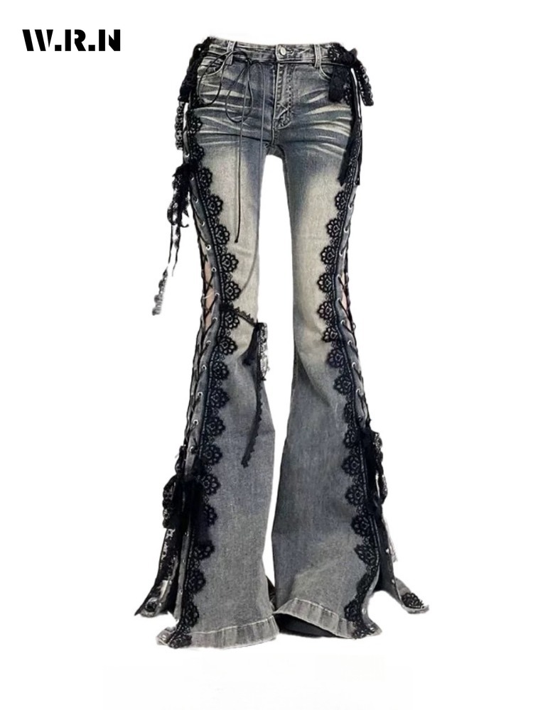 Retro Eyelets Lace Up Flare Jeans Stitch Lace Whiskers Slim Low Rise Split Bootcut Pants Women Bell Bottoms Streetwear