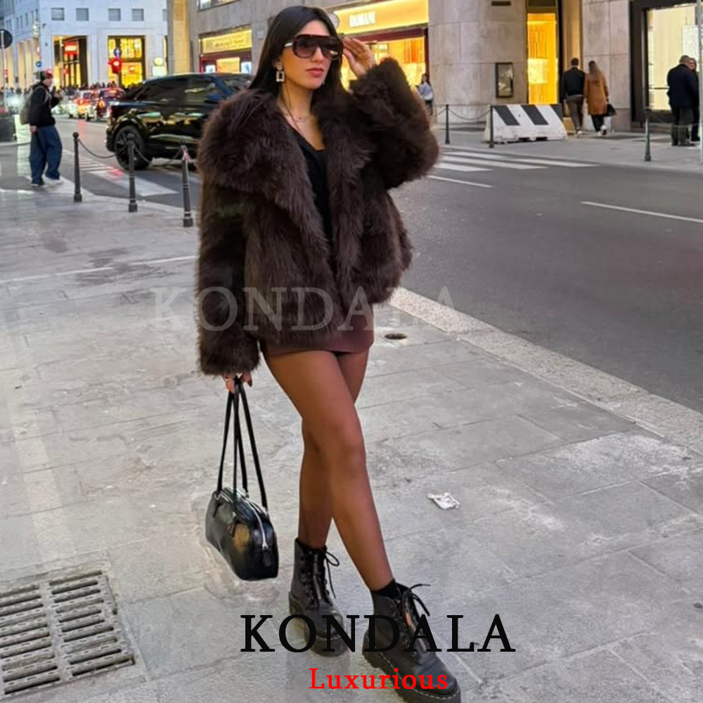 KONDALA カジュアルブラウン厚手の毛皮ジャケット女性長袖 V ネック秋冬フェイクファーコートファッション 2025 ストリートウェアアウター