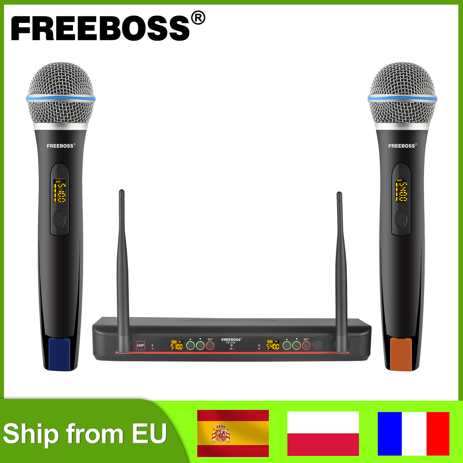 Freeboss 2 Handheld Draadloze Microfoon Uhf Verstelbare 500Mhz Multi Frequentie Cardioïde Dynamische Kerk Mic Zender FB-U38