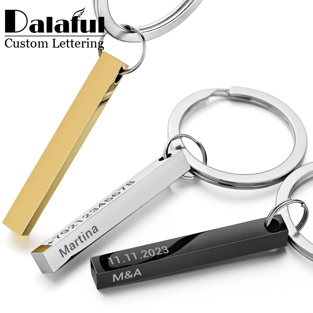 Llaveros personalizados con barra 3D, llaveros de acero inoxidable, 4 lados grabados, texto, nombre, fecha, logotipo, llaveros personalizados, anillos, regalo de amor P039