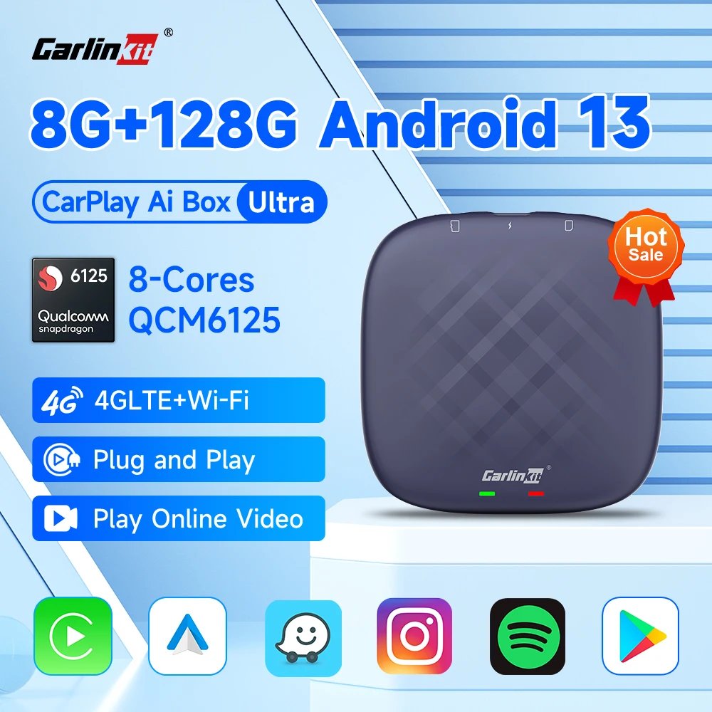 CarlinKit kotak AI TV Android 13, Auto CarPlay 8G + 128G kotak Video nirkabel Qualcomm 8 Core untuk Netflix