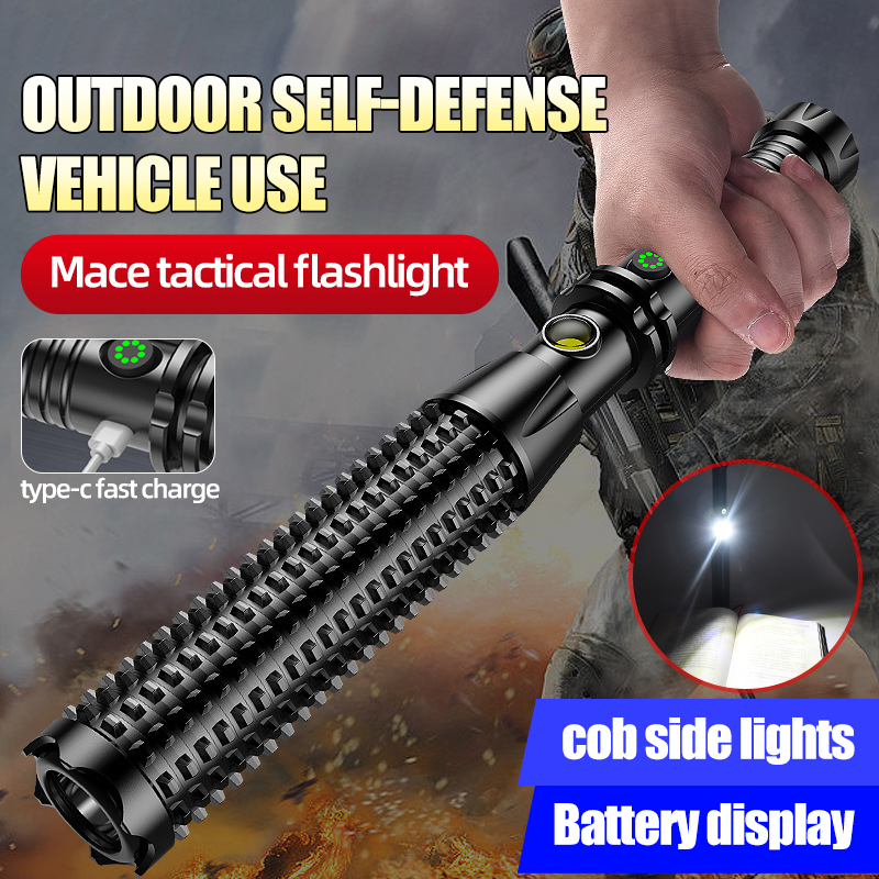 Mace-Taschenlampe mit langem Griff ist mit einem zerbrochenen Fensterkegel zur Vorbeugung von Notfällen und zur Unterstützung des USB-Aufladens ausgestattet.