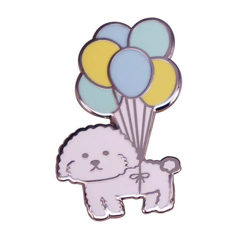 Vivi anjing dengan balon Pin Enamel anak anjing Mini Bichon Frise anjing lucu bros hewan peliharaan lencana