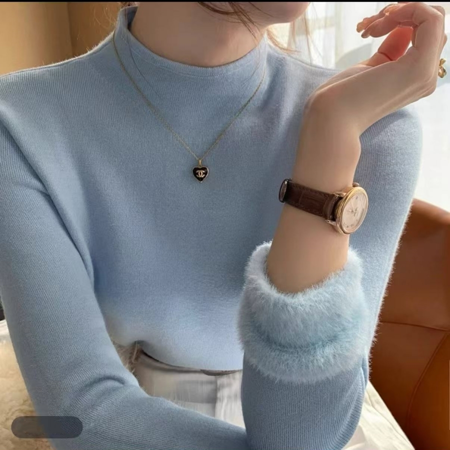 Witte gebreide fleece gevoerde trui met halfhoge kraag Damesmode Herfst Winter Innerlijke slijtage Basisshirt Geïntegreerde fleecetop