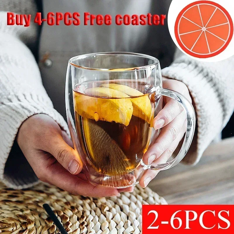 2-6pcs Double-Layer Wall โปร่งใสถ้วยกาแฟนมเครื่องดื่มแก้ว Borosilicate สูง Drinkware ทนความร้อนเครื่องใช้ในครัวเรือน