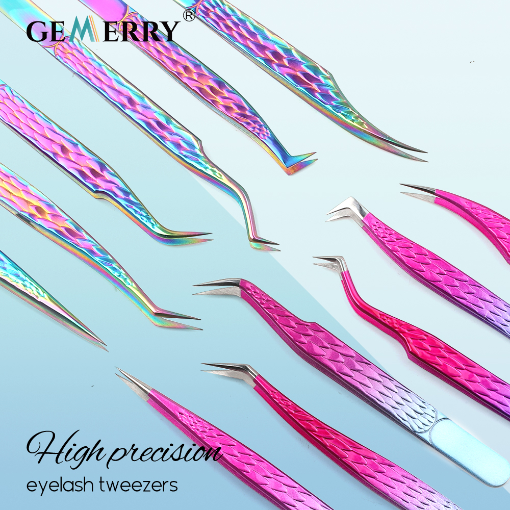 Pince à épiler GEMERRY pour extensions de cils, en acier inoxydable coloré, pointes en fibre super résistantes, haute précision, antistatique, outil de maquillage