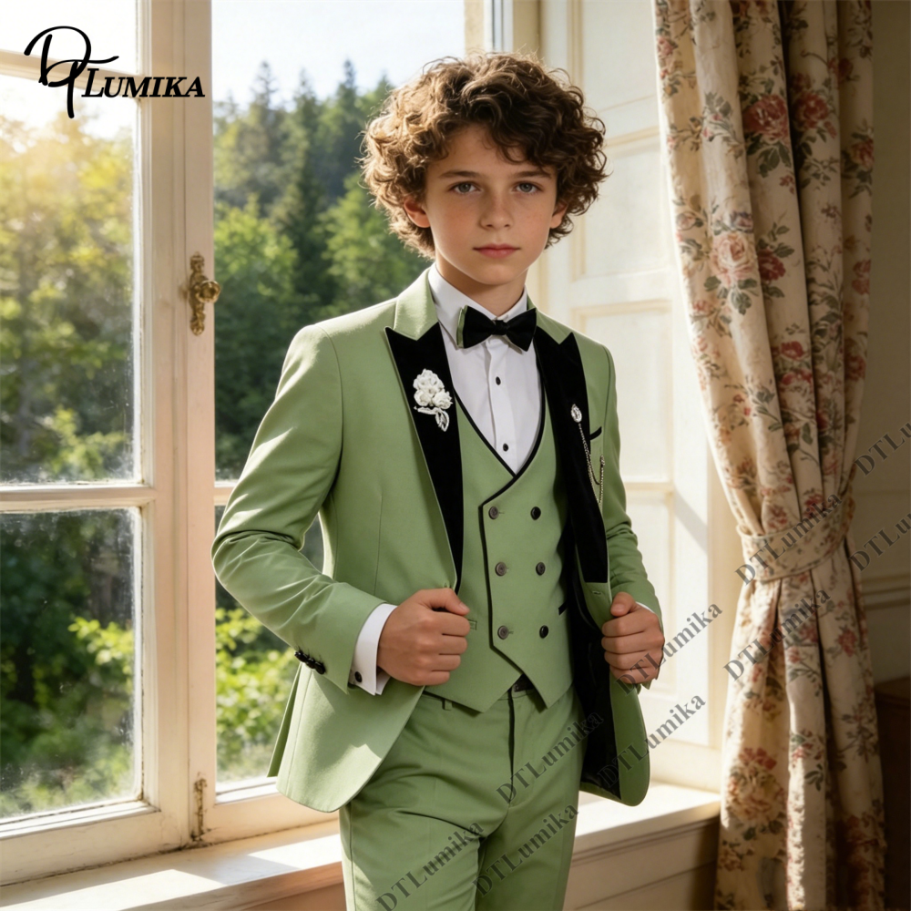 Salbeigrüner 3-teiliger Anzug für Jungen mit Samt-Reversjacke, Weste und Hose, Kleinkind-Outfit für Hochzeit, Geburtstag, Abschlussfeier, Größe 3T-14T