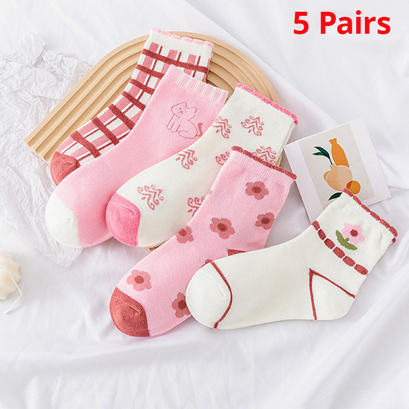 5 pares Pink Flower Knit Quente Childrens Meias Para Meninas Meias Kids Womens Cute Cartoon Médio Meias