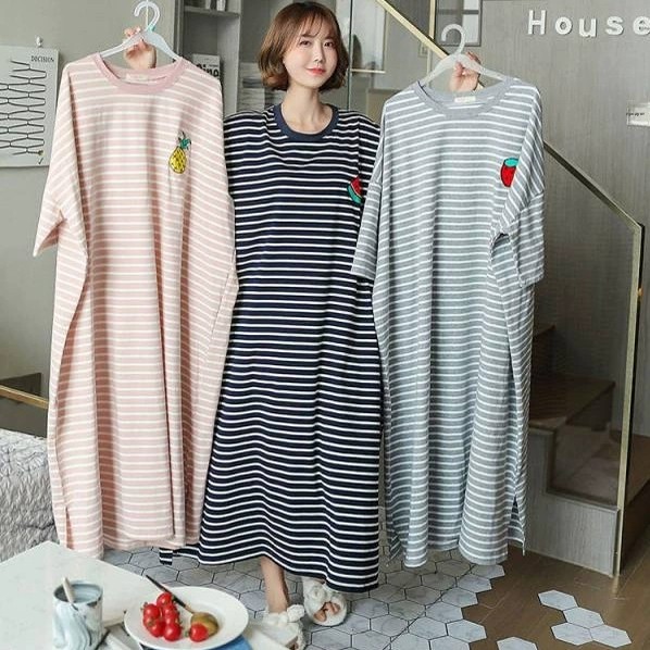 Summer Spwear Women's Mid-Length ort-Sve Striped Home Dr Materni Comfortable Breathable Sweet Sle Printed Nigh...