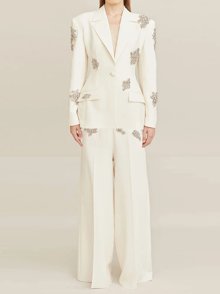 Traje de Diseñador de Alta Calidad, Nuevo Modelo 2026, para Mujer, con Cuentas y Diamantes, Blazer con un Solo Botón y Pantalones Anchos, Conjunto de 2 Piezas