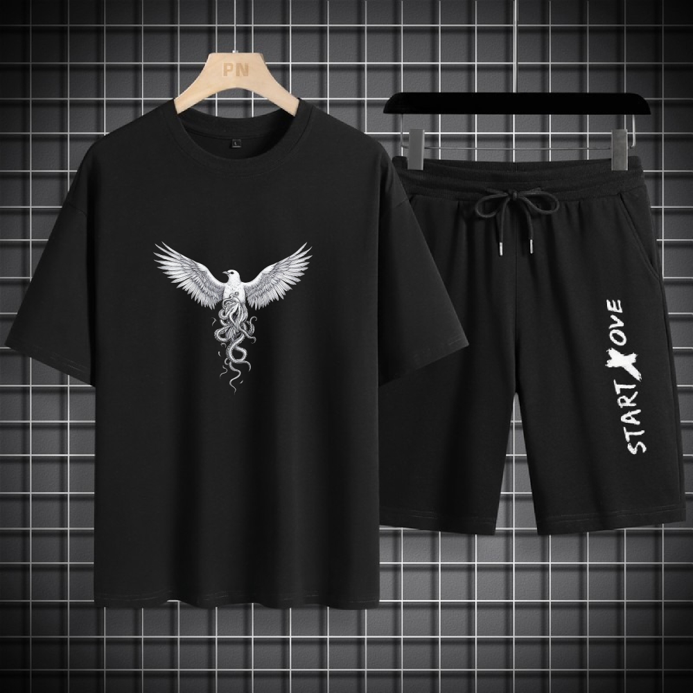 Set da uomo 2025 uomo Sport Set da due pezzi Abbigliamento casual sottile Comodo leggero per il tempo libero Set di magliette sportive con stampa aquila bianca