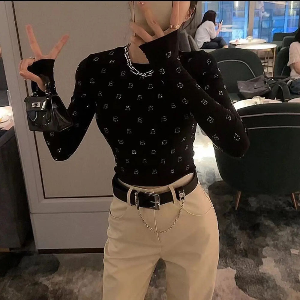 2023 Herfst Nieuwe Punk Kleding Dames Letters Strass Tees Patroon Ronde Hals T-shirt Jumper Mode Slanke Stretch Zwart Tops