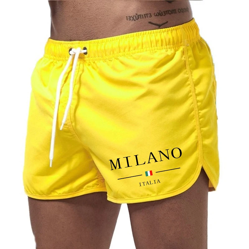 Men's MILANO ITALIA Print White Beach Shorts Quick Dry Swim Trunks Elastic Waist Casual Summer Board Shorts