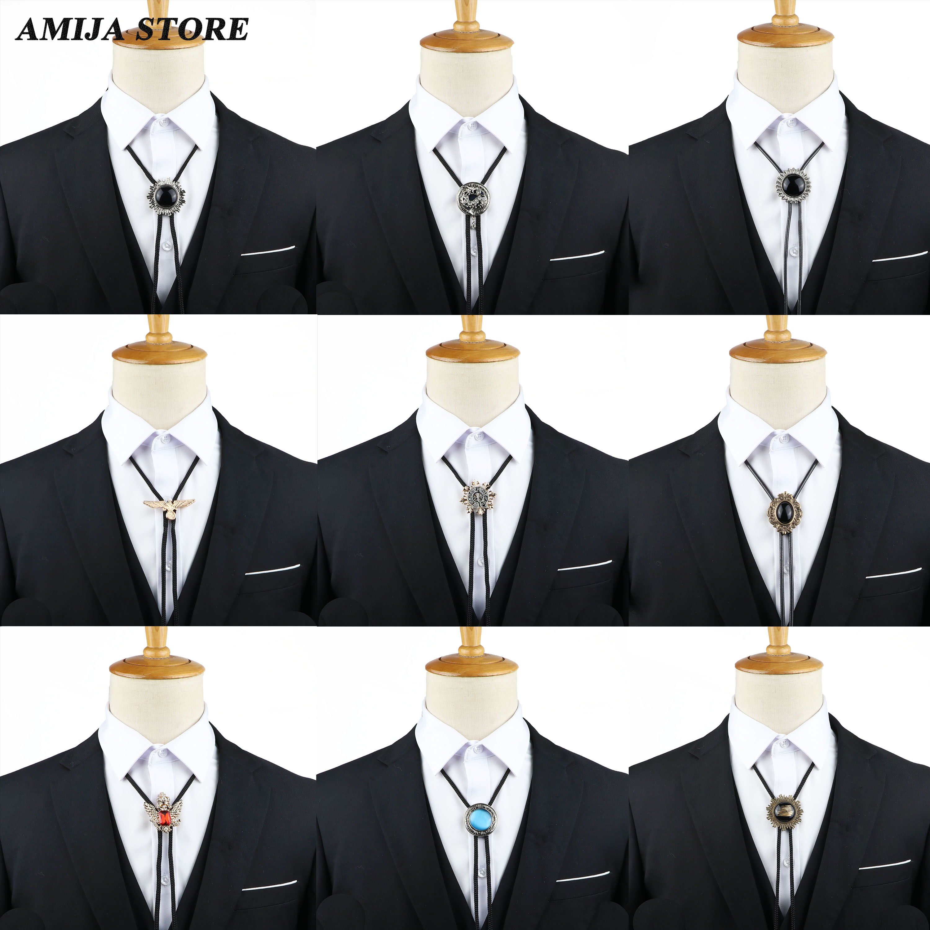Vintage Bolo Tie Shirt Chain Cowboy Jazz Alloy Men Women Leather Rope Long Necklace Imitation Obsidian Sweater Chain Men Accesso