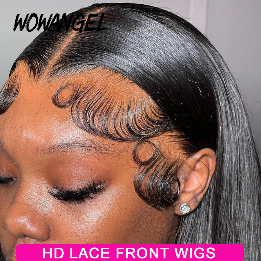 Wow Angel 13x6 HD Lace Front Pruiken Melt Skins Menselijk Haar Pruiken Zijde Rechte Pruik 250% 34 inch Voorgeplukt Diepe Scheiding voor Vrouwen