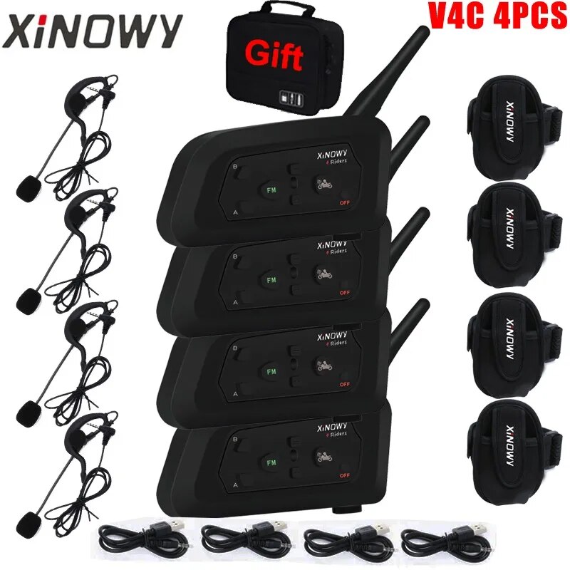 ハンドバッグ付きXiNOWy-V4Cリファリーヘッドセット、Bluetoothインターホン付きイヤホン、全二重、1200m、サッカー、サッカー、4個