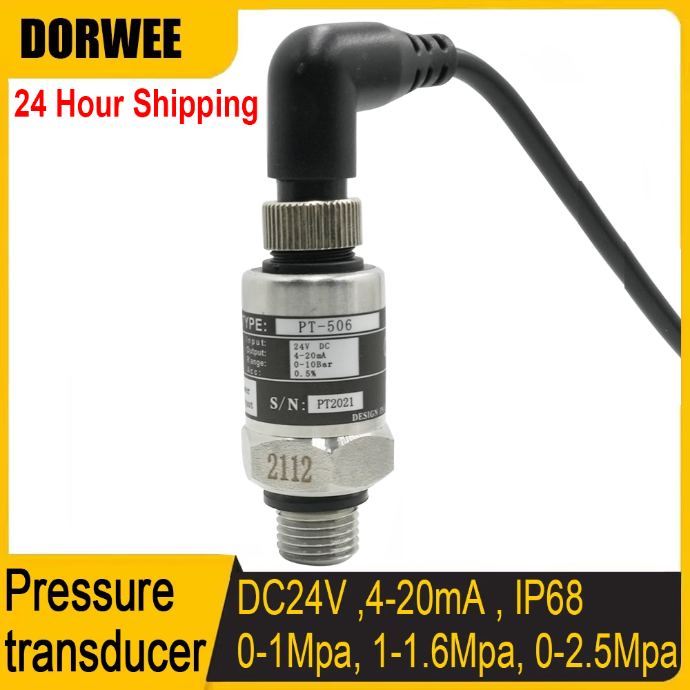 Pressure Transducer Cable Pressure Transmitter Water Gas Hydraulic Sensor 0-1Mpa 0-1.6Mpa 0-2.5Mpa 4-20mA DC24V G1/4 IP68