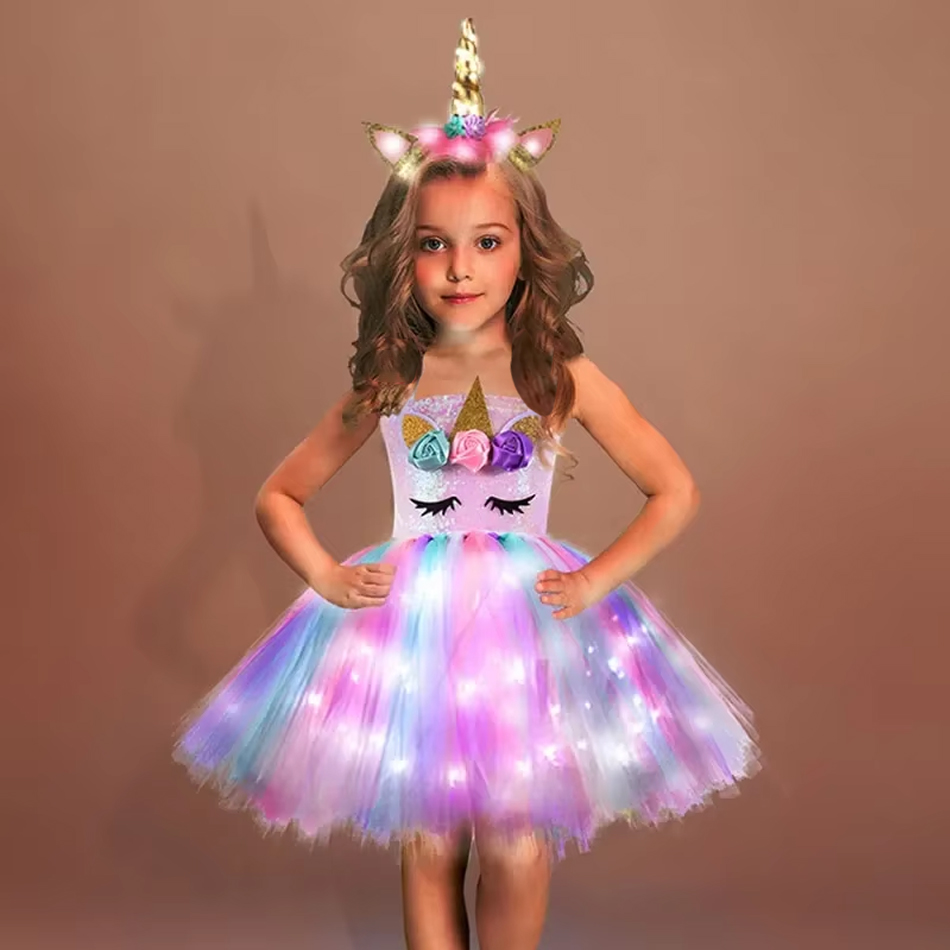 Vestidos de tutú iluminados de unicornio arcoíris para niñas, fiesta de cumpleaños, lentejuelas brillantes, vestido hasta la rodilla, Disfraces de Halloween de animales